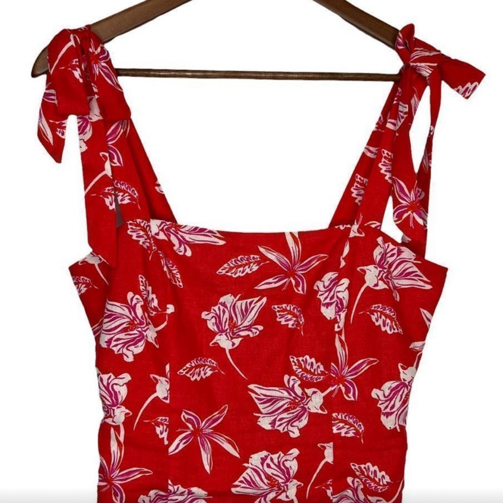 JOIE Linen Red White Tropical Floral Tie Strap Crop Top, 10